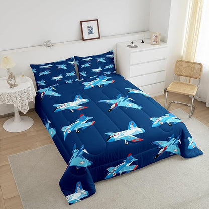 Castle Fairy Kids Aircraft Comforter Set for Kids,Cartoon Transportation Vehicles Bedding Sets Teens Cute Room Decor,Boys Airplane Navy Blue Duvet Set Quilt Set Twin 1 Comforter with 1 Pillow Case
