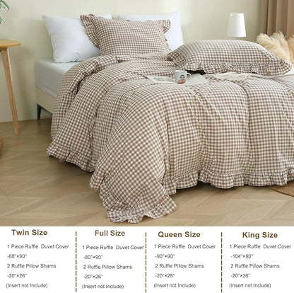 Taupe/White Plaid Ruffle Duvet Cover Queen Size,100% Washed Cotton 3 Pcs Vintage Checkered Chic Gingham Bedding Set Comforter Cover Set