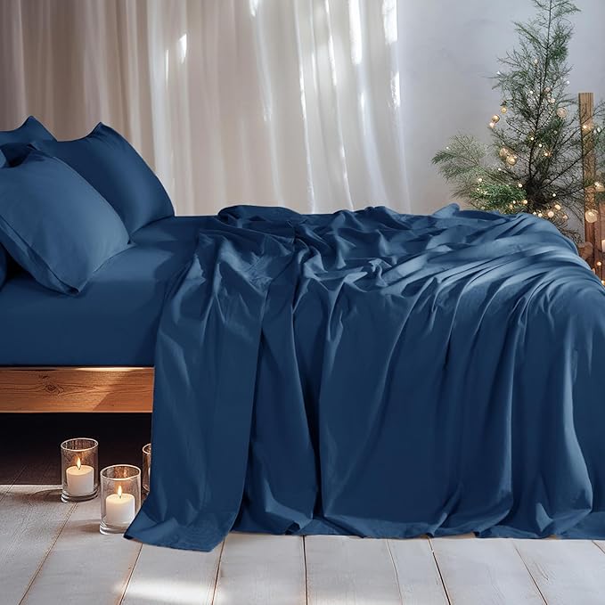 LBRO2M 100% Pure Linen Sheet Set Deep Pocket Up to 16" Bed Sheets Sets, Natural Flax Beddings Soft, Breathable, Comfortable for All Seasons 6 Pcs Sheet Set Cal King Size, Navy Blue