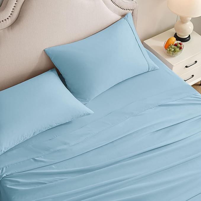 Full Size Bed Sheets Set, 4 Pieces Hotel Luxury Soft Microfiber Bed Sheets Set, Up to 16" Deep Pockets, Oeko-Tex Sheets with Elastic, Breathable, Wrinkle Free (Sky Blue, Full)