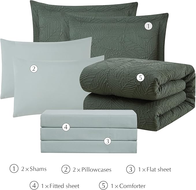 Geniospin King Size Comforter Set - 7 Pieces Dark Green Bedding Set, Botanical Textured Comforter Bed Set, All Season Lightweight Bed in a Bag with Comforter, Sheets, Pillowcases & Shams