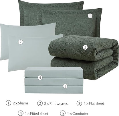 Geniospin King Size Comforter Set - 7 Pieces Dark Green Bedding Set, Botanical Textured Comforter Bed Set, All Season Lightweight Bed in a Bag with Comforter, Sheets, Pillowcases & Shams