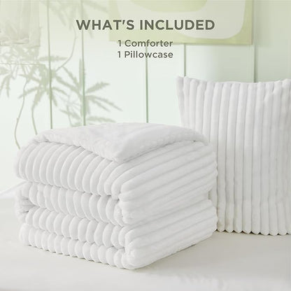 Bedsure Twin/Twin XL Size Comforter - GentleSoft™ 2 Pieces Double-Side Fleece Fluffy Bright White Comforter Set, Cozy Striped Room Decor Aesthetic Luxury Twin Bedding Sets, 1 Pillowcase, 68x88 Inches