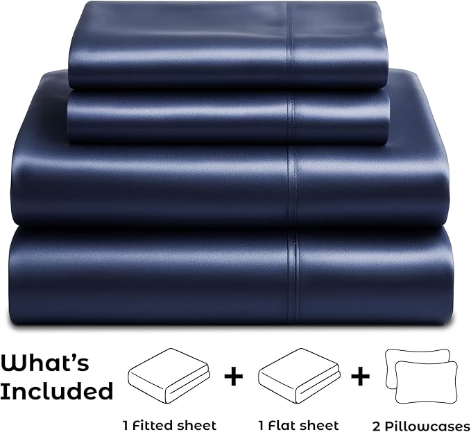 Pure Bedding Satin Sheets Full Hotel Luxury Silky Bed Sheets - Extra Soft 1800 Microfiber Sheet Set, Wrinkle, Stain Resistant - Deep Pocket Fitted Flat Sheet, Pillow Cases (4-Piece, Midnight Blue)