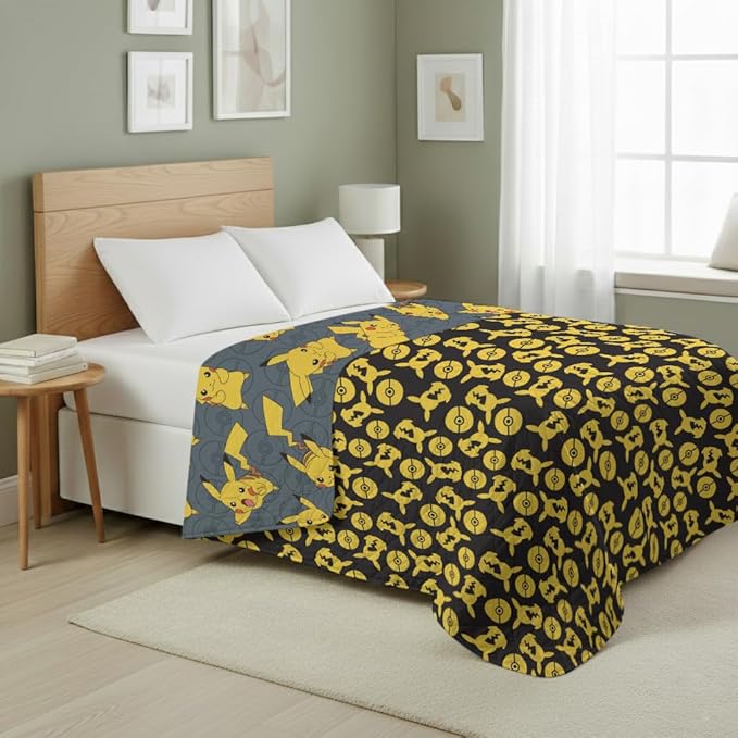 Northwest Pokemon Company Reversible Full/Queen Quilted Blanket - Pikachu & Pokeball Pattern for Anime Fans, Cozy Blanket for Bed, Game Room or Couch, 90x90 inches