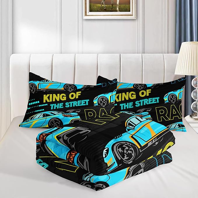 Car Bed for Boys King Comforter Set,Kids Racing Car Comforter Extreme Sports Bedding Set for Teens Boys Race Car Room Decor,Cool Blue Themed Children's Bedding with 2 Pillowcases.