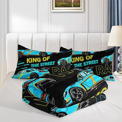 Car Bed for Boys Queen Comforter Set,Kids Racing Car Comforter Extreme Sports Bedding Set for Teens Boys Race Car Room Decor,Cool Blue Themed Children's Bedding with 2 Pillowcases.