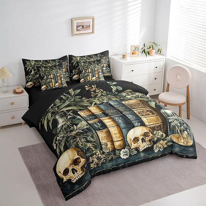 jejeloiu Dark Academia Bedding Set 7Pcs Full Size Kids Skull Mystical Comforter Set with Sheets for Boys Girls Goth Bed in a Bag Soft Lightweight,Microfiber