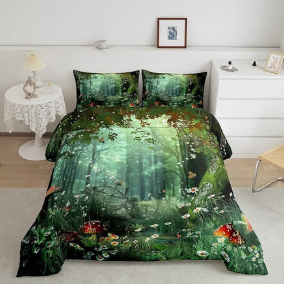 Erosebridal Magical Comforter Set King Size, Mushroom Bedding Set for Girls Women Kids Teens, Daisy Leaves Branches Sunset Nature Duvet Insert, Cute Style Soft Warm Quilted Duvet Bedroom Decor, Green