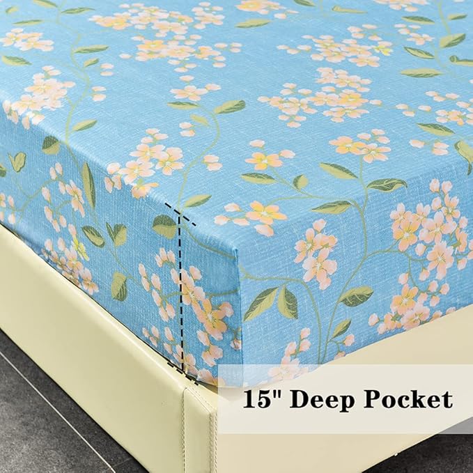JSD Blue Floral Printed Sheet Set Twin Size, 3 Piece Soft Pattern Microfiber Sheets Extra Deep Pocket