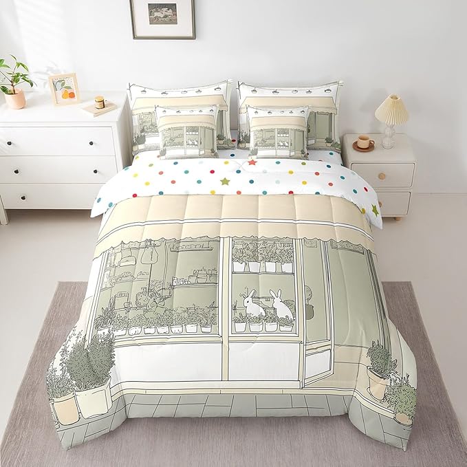 jejeloiu Cute Anime Bedding Set 7Pcs Full Size Kids Rabbit Japanese Street Comforter Set with Sheets for Boys Girls Bunny Bed in a Bag Soft Lightweight,Microfiber