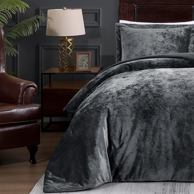 TAMGHO Velvet Comforter King- Grey Soft Crushed Velvet 3pc Bedding Set (108"x96" Comforter + 2x20 x36 Shams), All-Season Easy Care | Soft, Neutral Color, Velvet Texture