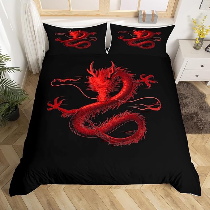 Feelyou Dragon Monster Bedding Set Toddle Size Red Dragon Duvet Cover for Adult Kids Boys Girls Classical Monster Comforter Cover Set Black Red Cool Bedspread Cover 2Pcs Zipper