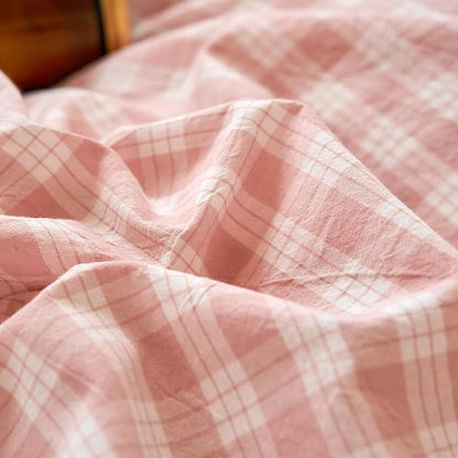 EAVD Vintage Style Gingham Plaid Duvet Cover Twin Pink White Soft 100% Washed Cotton Chic Warm Checkered Bedding Set with 2 Pillowcases Farmhouse Grid Gingham Duvet Cover with Zipper Closure