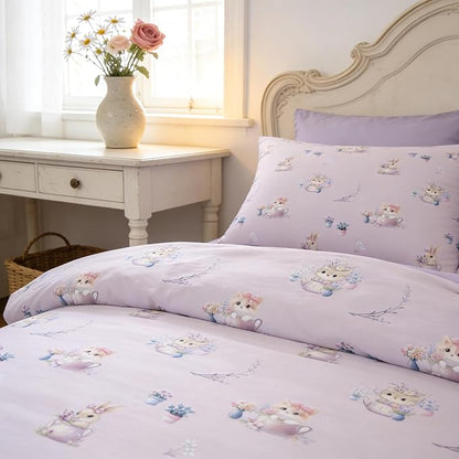 Taro Purple Comforter Set Twin for Girls, 2Pcs Priness Bedding for Kids Kawaii Bedroom Decor, Cute Girly Cat Kitten Comforter Set with 1 Pillowcase, 68"x86"