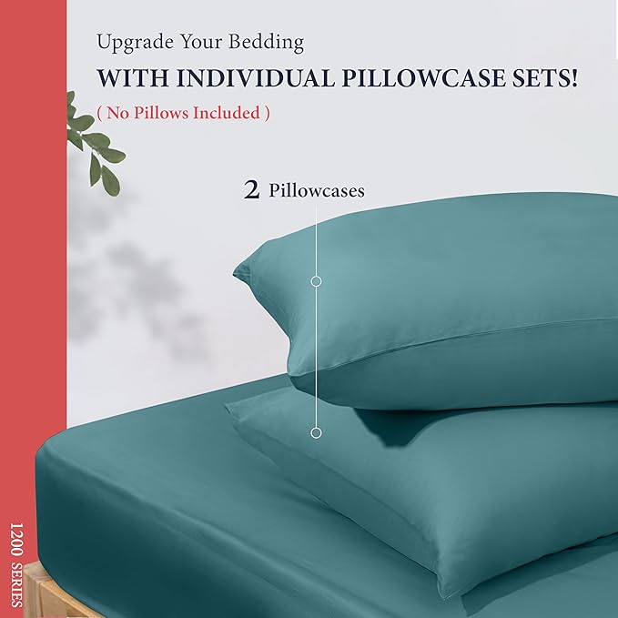 Ashton Sheets 100% Egyptian Cotton Queen Pillow Cases Set of 2 - Luxury 1200 Thread Count Pillow Cases Queen Size (Teal), Soft, Cooling Hotel Collection Pillowcases, Fits Queen Standard Pillow
