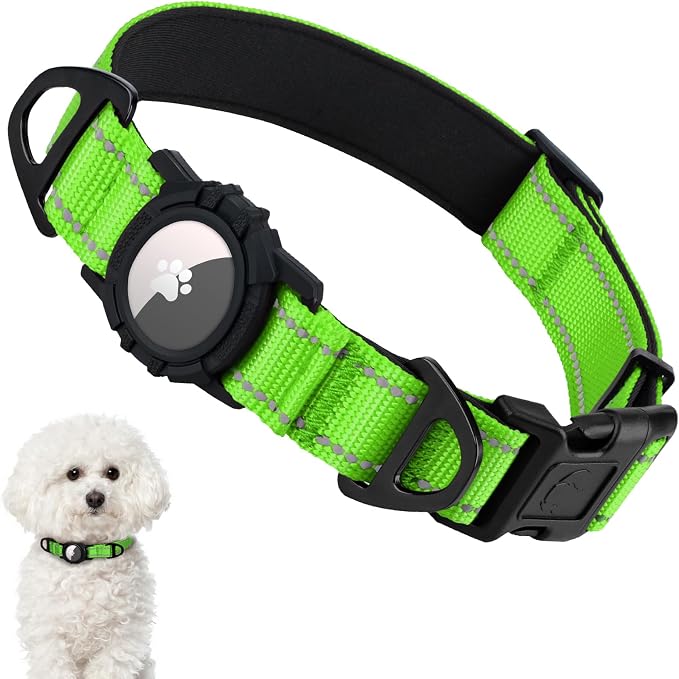 Taglory AirTag Dog Collar with Waterproof Holder for Small Dogs, Green, S | Reflective for Night Walks & Low-Light Safety, Track Your Pup Peace of Mind, Adjustable Soft Padded, No More Dangling Tags