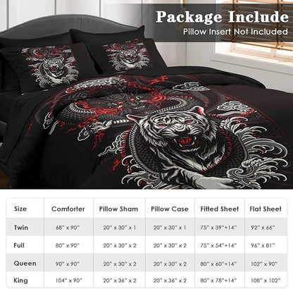 Comforter Set Twin Size, Tiger Dragon 5 Pcs Bedding for Kids and Adults, Black and Red Bed Sheet Sets with Fitted Sheet Pillowcase & Sham for Bedroom Bed Decor