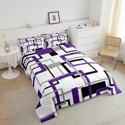 Erosebridal Purple Grey Black Square Bedding Set for Kids Boys Girls,Geometric Comforter Set Queen,Abstract Grid Pattern Down Comforter,Modern Abstract Art Quilted Duvet with 2 Pillowcases