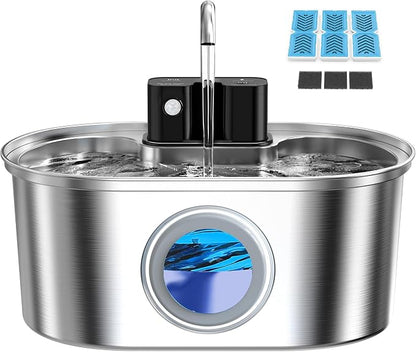 PEKTACO Wireless Cat Water Fountain, 108oz/3.2L Stainless Steel, 3 Filters | 3 smart modes, 25 dB quiet pump, multi-layer filtration, BPA-free parts, dishwasher-safe bowl, easy-clean for daily use