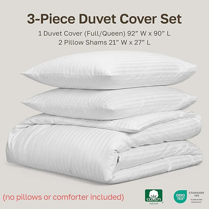 California Design Den Stripe Duvet Cover Queen Size, 400 Thread Count Sateen 100% Cotton Comforter Cover, 2 Pillow Shams, 3-Pc Bedding Set, Button Closure, Corner Ties (White Stripes, Full/Queen)