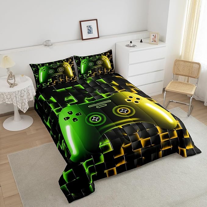 Erosebridal Gamer Comforter Sets for Boys,Queen Size Bedding Sets for Boys Girls Kids 3D Gaming Geometric Comforter,Game Console Lightweight Microfiber Duvet Quilt,Neon Yellow Black Green Glowing