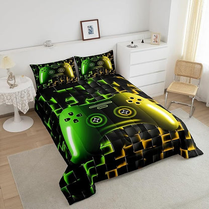 Erosebridal Gamer Comforter Sets for Boys,King Size Bedding Sets for Boys Girls Kids 3D Gaming Geometric Comforter,Game Console Lightweight Microfiber Duvet Quilt,Neon Yellow Black Green Glowing