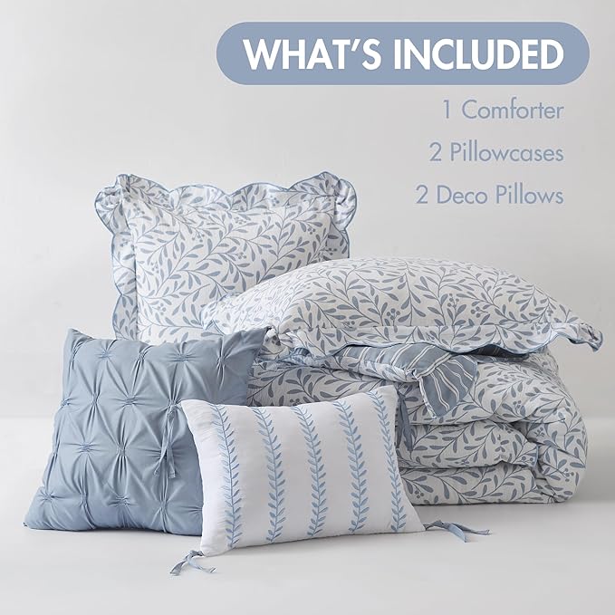 Madison Park 5-Piece Reversible Botanical Comforter Set - Summer Floral Print with Scalloped Edges, Lightweight Bedding with Decorative Pillows, King, Blue | Reversible, Lightweight