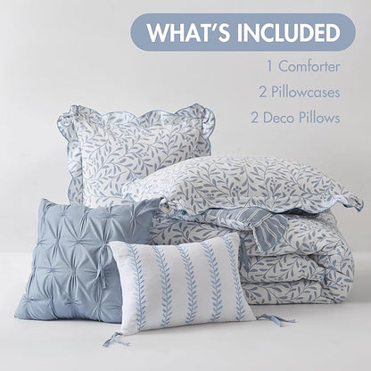Madison Park 5-Piece Reversible Botanical Comforter Set - Summer Floral Print with Scalloped Edges, Lightweight Bedding with Decorative Pillows, King, Blue | Reversible, Lightweight
