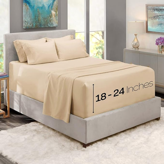 Hearth & Harbor Extra Deep Pocket Sheets - Fits Mattress 18-24 Inches Deep - Extra Deep Pocket Full Size Sets - 6 Piece Full Size - Full - Cream