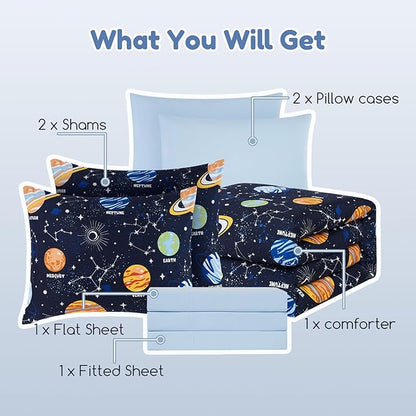 Full Size Comforter Set for Boys-7 Pieces Space Glow in the Dark Full Bedding Sets for Kids, Ultra Soft Bed in A Bag with Sheets