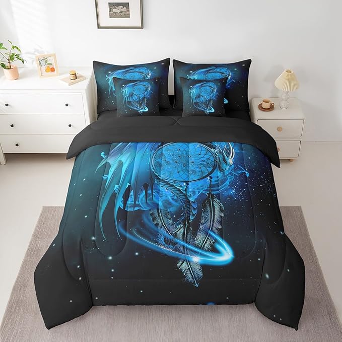 Erosebridal Gothic Dragon Dream Catchers Bed in a Bag Queen Comforter Set 7 Piece,Blue Galaxy Bohemian Feather Bedding Sets Antique Animal Pterosaur Sheet Set with Comforter