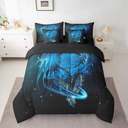 Erosebridal Gothic Dragon Dream Catchers Bed in a Bag Queen Comforter Set 7 Piece,Blue Galaxy Bohemian Feather Bedding Sets Antique Animal Pterosaur Sheet Set with Comforter