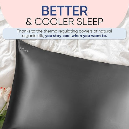 Blissy Silk Pillowcase - 100% Pure Mulberry Silk - 22 Momme 6A High-Grade Fibers - Silk Pillow Cover for Hair & Skin - Regular, Queen & King (Gray, Standard)