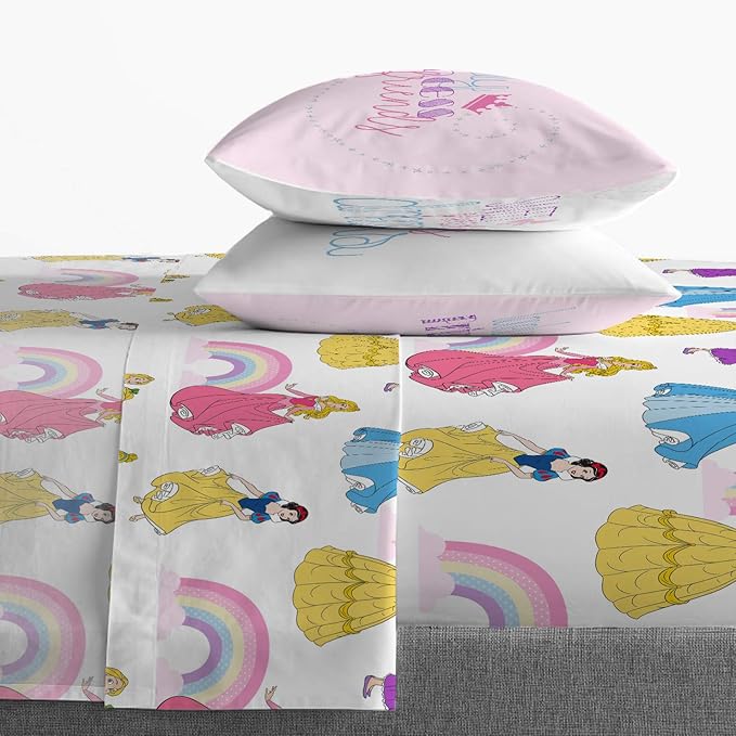 Jay Franco Disney Princess Rainbow 7 Piece Full Bed Set - Includes Comforter & Sheet Set - Bedding Features Aurora, Belle, & Cinderella - Super Soft Fade Resistant Microfiber