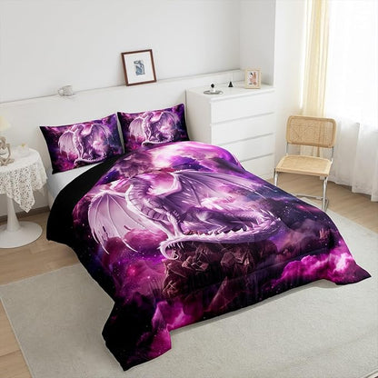 Dragon Kids Comforter Set Queen Size,Western Magical Dragon Bedding Set for Boys Teens Adults Room Decor,Animal Galaxy Nebula Duvet Insert 3Pcs,Glitter Starry Sky Wildlife Quilt Set,2 Pillowcases
