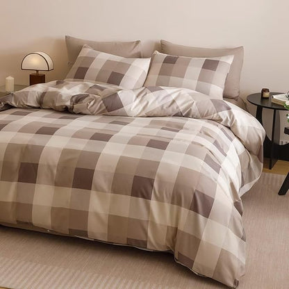 Houseri Coffee Color Plaid Comforter Set Queen Vintage Grid Bedding Sets