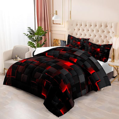 red and Black King Size Comforter Set,red and Black Room Decor for Bedroom for Women,King Quilt Bedding Set Geometry