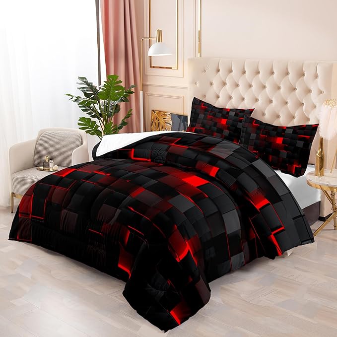 red and Black Queen Size Comforter Set,red and Black Room Decor for Bedroom for Women,Queen Quilt Bedding Set Geometry