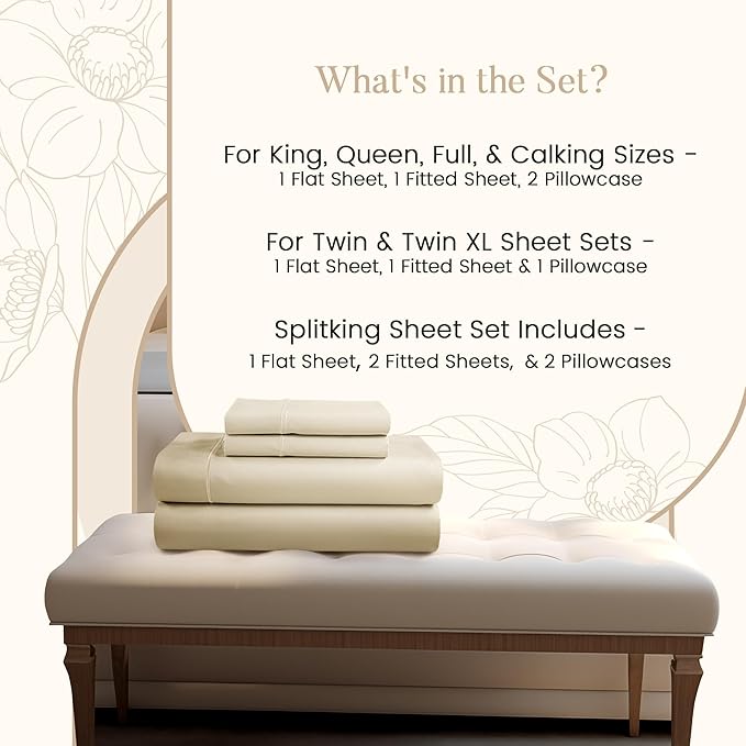 Full Sheet Set - 800TC Egyptian Cotton Bedding Sheets & Pillowcases - Soft, Durable and Luxurious 4PC Sateen Weave Ivory Bed Sheets for Full Size Bed, No Pill & Shrink Thick Machine Washable
