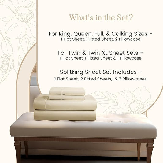 800TC Egyptian Cotton Bedding Sheets & Pillowcases - Queen Sheet Set - Soft, Durable and Luxurious 4PC Sateen Weave Ivory Bed Sheets for Queen Size Bed, No Pill & Shrink Thick Machine Washable