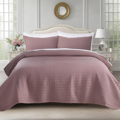 KASENTEX Queen Quilt Set 90"x90" – Soft Washed 3-Layer Lightweight Bedspread, Minimalist Nordic Design, All-Season Spring & Summer Quilt Set (1 Quilt + 2 Pillow Shams),Twilight Mauve Purple