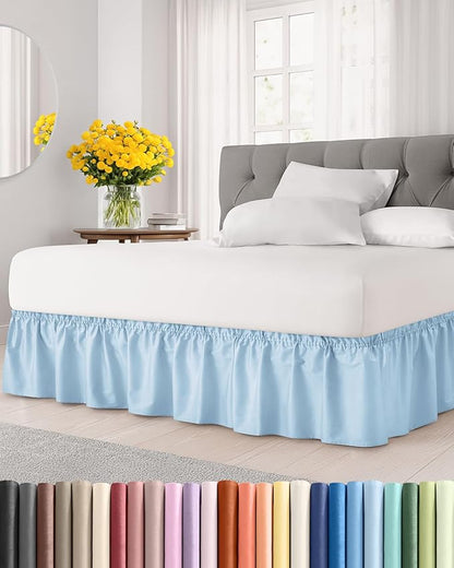 Wrap Around Dust Ruffle Bed Skirt - Light Blue - Twin/Twin XL Size Beds with 21 Inch Drop - Elastic Strap - Adjustable Pleated Bedskirt with Brushed Fabric and Wrinkle Free - Women, Men, Kids & Teens