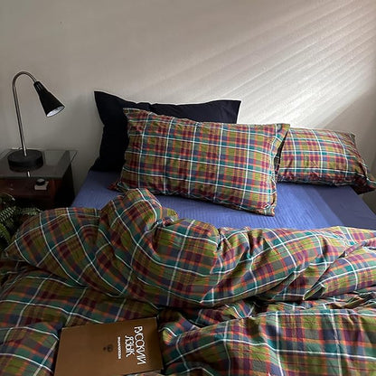 MKXI Buffalo Plaid Duvet Cover Set 3 Piece Vintage Bedding in Kelly Green, Navy & Red | 100% Washed Cotton Reversible Design with Zipper Closure & Corner Ties,Shabby Chic Aesthetic for Queen