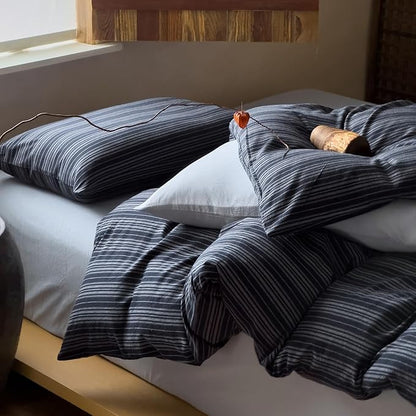 VM VOUGEMARKET Navy Blue Striped Duvet Cover King,Japanese Style Washed Cotton Duvet Cover with 2 Pillowcases,Breathable Comforter Cover for Cozy Minimalist Bedrooms