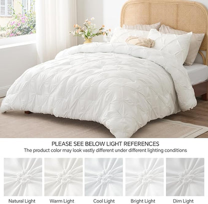 BEDELITE White Queen Comforter Set - 3 Pieces Boho Pintuck Bedding Comforter Sets, Lightweight Soft & Warm Bed Comforter Queen with 2 Pillowcases for All Season