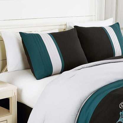 Chezmoi Collection Napa 7-Piece Luxury Leaves Scroll Embroidery Bedding Comforter Set (Oversized King, Teal/Black/Gray)
