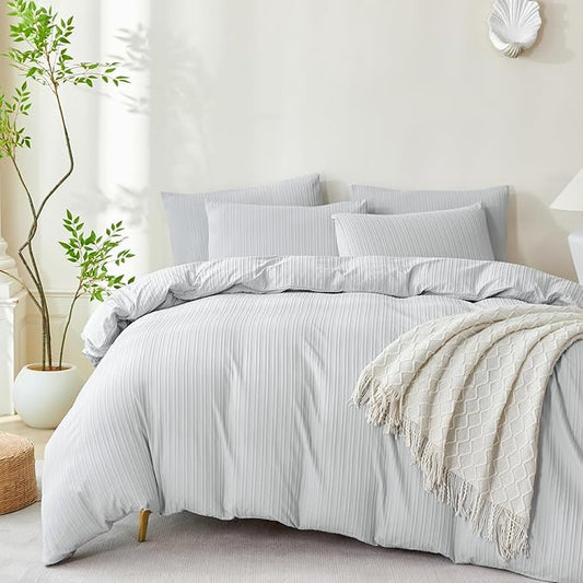 Comforter Set Queen Light Grey Striped Washed Microfiber 3 Pieces Jacquard Bedding, Grey Vertical Ticking Stripes Comforter with 2 Pillowcases, Luxury Soft Breathable Durable Comfy