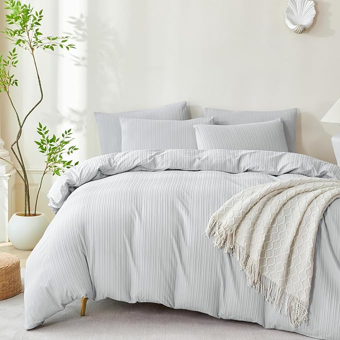 Light Grey Comforter Set King Soft Luxury Washed Microfiber Jacquard 3 Pieces Bedding Set, Grey Vertical Ticking Stripes Pattern Comforter with 2 Pillowcases Breathable Durable Comfy