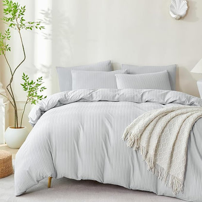 Light Grey Comforter Set King Soft Luxury Washed Microfiber Jacquard 3 Pieces Bedding Set, Grey Vertical Ticking Stripes Pattern Comforter with 2 Pillowcases Breathable Durable Comfy